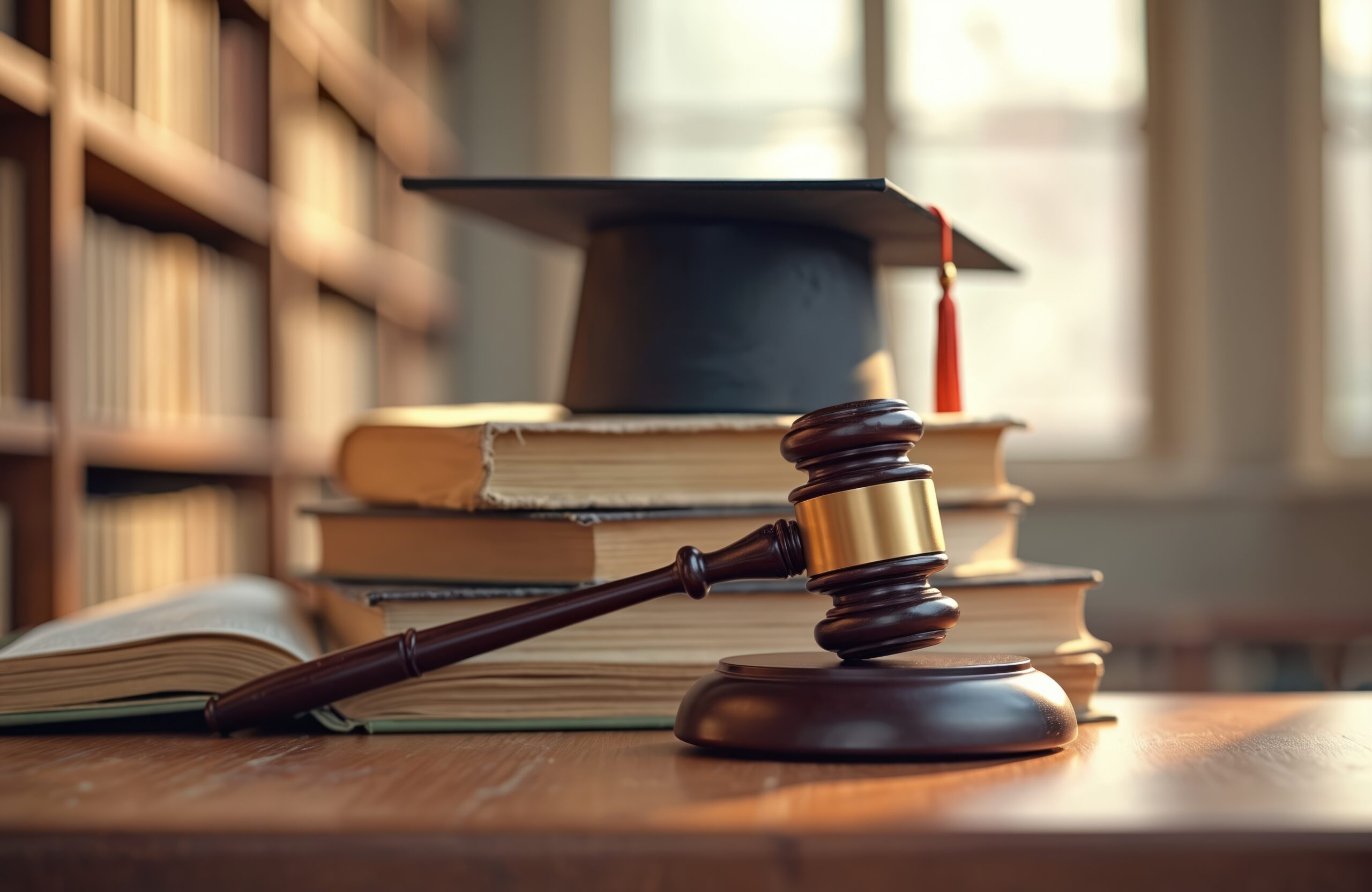 Concept of legal education, justice. Judge gavel, mortarboard on books at university library. Symbols of jurisprudence, learning, degree law school graduation. Judicial system concept.