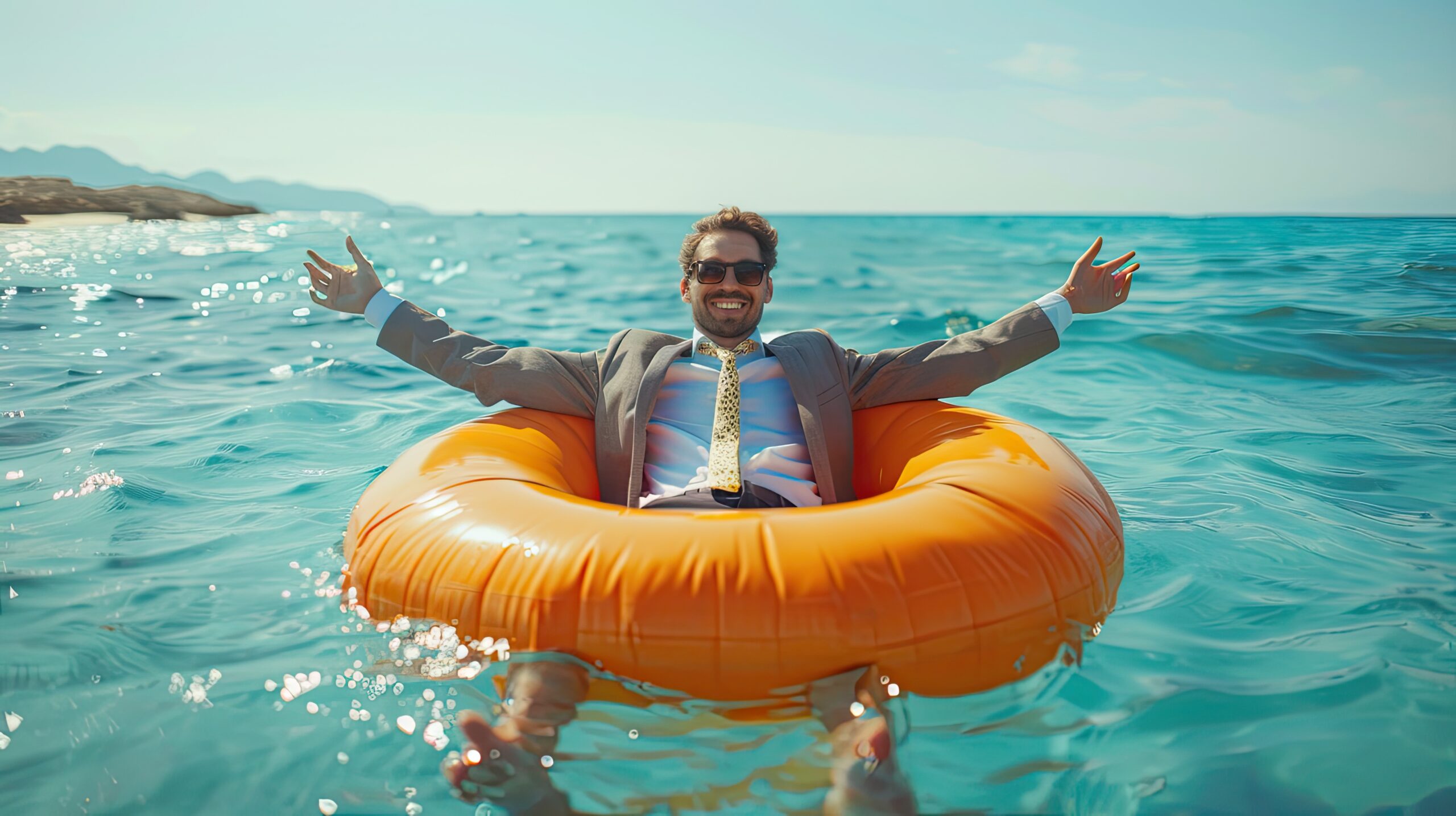 A happy man with outstretched arms on an inflatable circle in the sea. An unforgettable summer vacation with adventures. Hello summer!